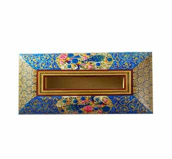 خرید جا دستمال کاغذی خاتم کاری طرح تذهیب گل و مرغ آبی پرتیکان
