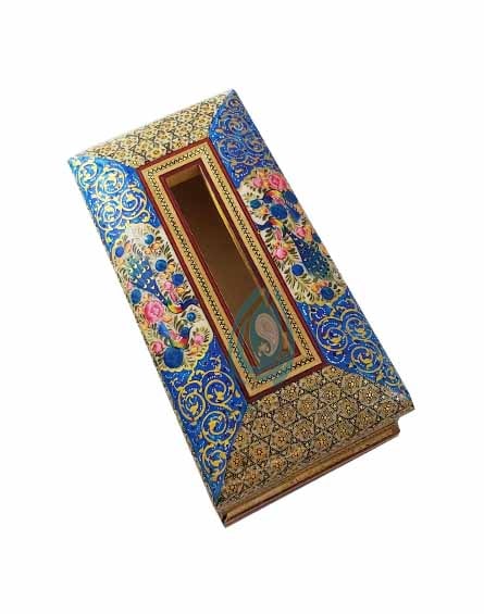 جا دستمال کاغذی تذهیب خاتم کاری شده طرح گل و مرغ آبی